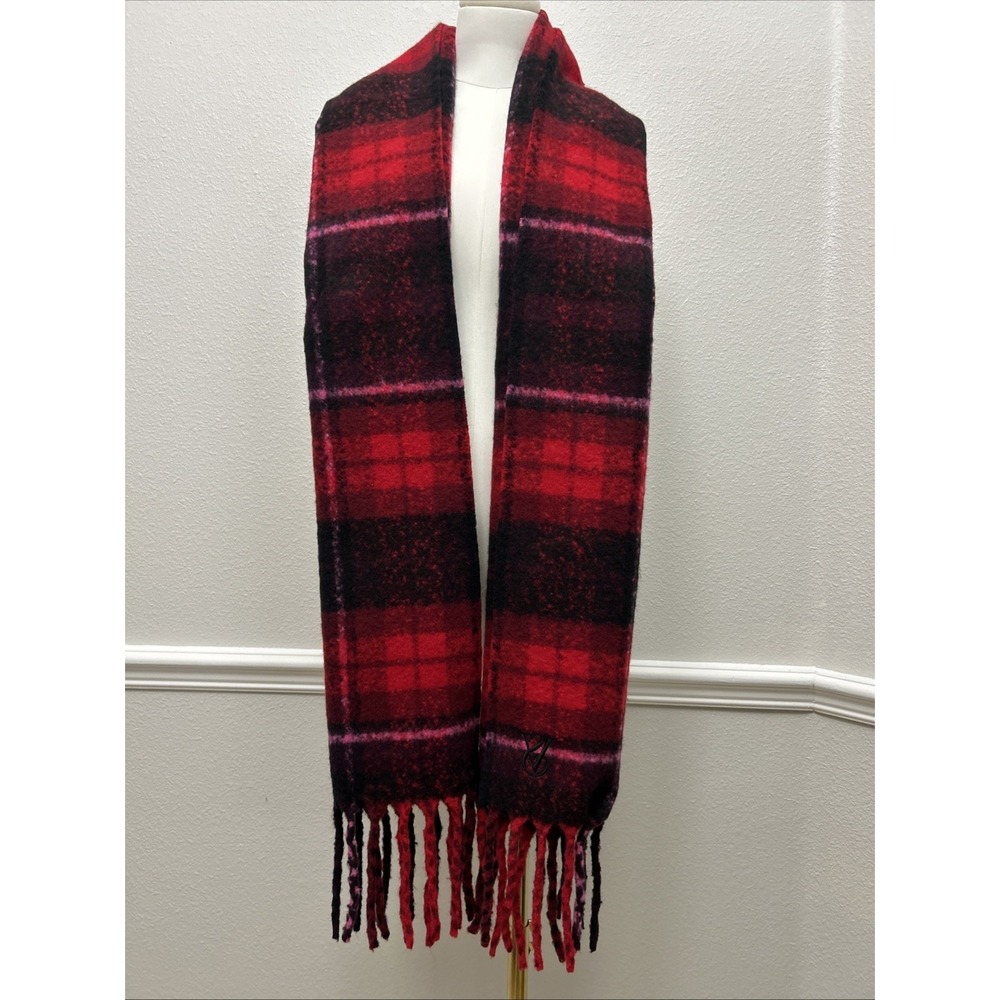 Victoria's Secret Red Plaid Fringe Scarf Embroidered VS Logo Winter NWT